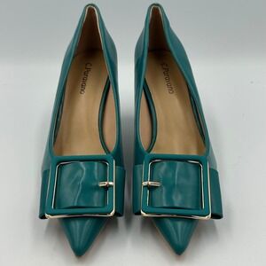 C.Paravano Peacock Blue Buckle Pumps Sz 36 / 5.5 Leather Pointed Toe Kitten Heel